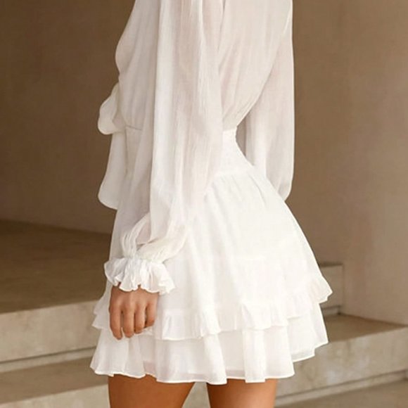 White Casual Womens Surplice Neck Lantern Sleeve Two Layer Hem Belted Dress - Picture 4 of 5